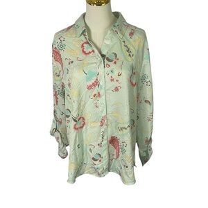 Chico’s button front roll tab sleeve colorful travelers  blouse Size 3 (XL)
